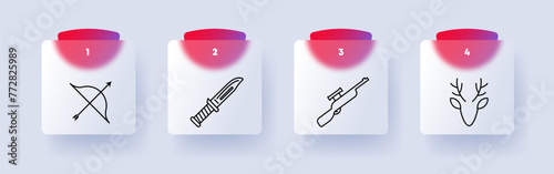 Chase set icon. Deer head, antlers, hunting trophy, knife, handle, sight, rifle, bow, silhouette, arrow, prey, target, weapon, numbering. Concept of hunting and hunting weapons. Glassmorphism style.