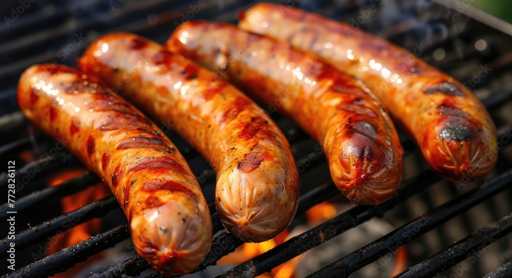 Bratwurst Sausage on the Grill - Cookout Delight for Summer Barbecues and Appetising Day-time Snacks - obrazy, fototapety, plakaty 