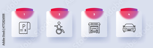 Tax set icon. Garage, check, invoice, machine, car, parking, pitstop, P, numbering, silhouette, flat design, man, wheelchair, sign, design, interface. Glassmorphism style.