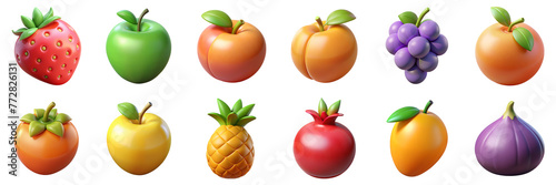 Fruits 3D icons. Illustration of food - strawberry, green apple, persimmon, pineapple, pomegranate, fig, dragon fruit, raspberry, papaya