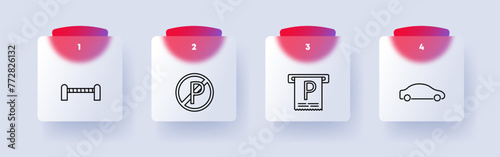 Tax set icon. Garage, check, parking ban, machine, car, parking, pitstop, P, numbering, silhouette, flat design, stop, fencing, barrier, sign, design, interface. Glassmorphism style.