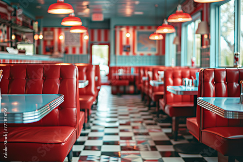 Close-up of classic American diner, retro appeal. red color