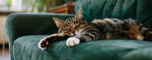 Tabby cat sleeping on a green sofa