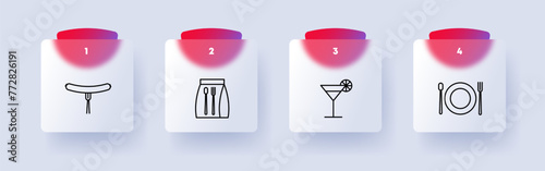 Food set icon. Sausage, fork, glass, drink, tube, cocktail, lemon, lime, packed lunch, spoon, fork, kitchen utensils, numbering, flat style. Culinary dishes concept. Glassmorphism style.