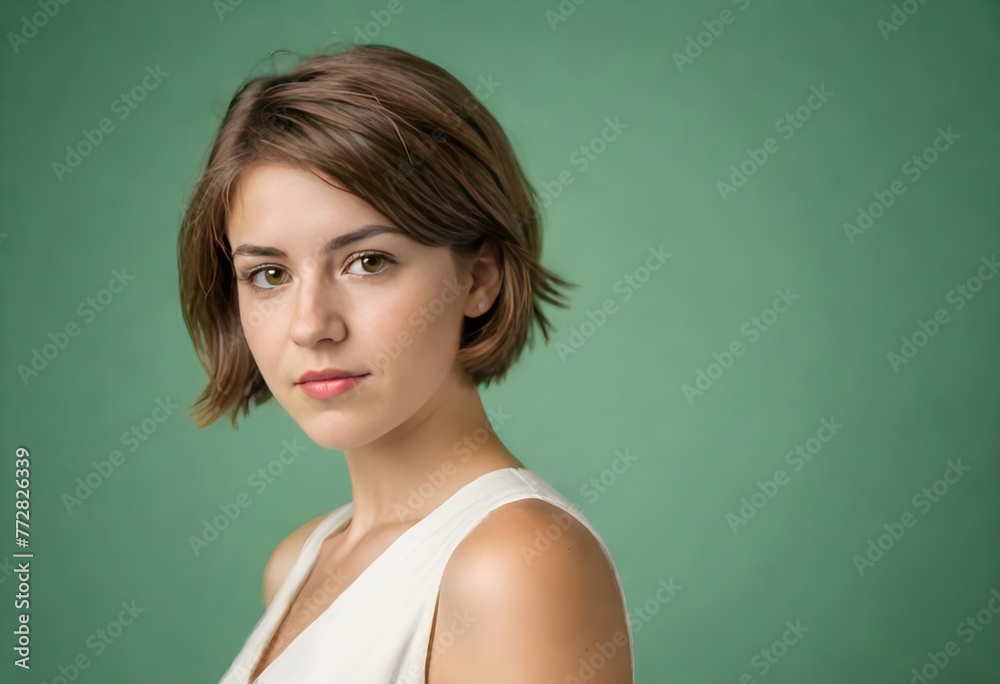 A blonde Woman in a White Dress with a Green Background A blonde Woman in a White Dress with a Green Background
