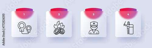 Uprising icon set. Handcuffs, prison, bondage, tires, tires, fire, police, uniform, operational team, flat design, numbering. Fight against the regime concept. Glassmorphism style.