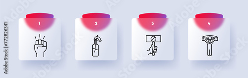 Uprising icon set. Fist, hand, battle, Mootov cocktail, bottle, fire, banner, ban, stop sign, protest, man. silhouette, flat design, numbering. Fight against the regime concept. Glassmorphism style.