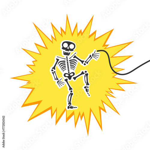 Skeleton electric shock by high voltage or lighting electrocuted caution silhouette flat style design vector illustration. A funny human skeleton had an electric shock or lightning strike.