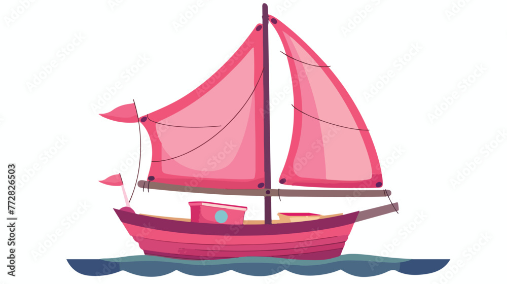 Childish pink boat with sails and flag. Vector flat