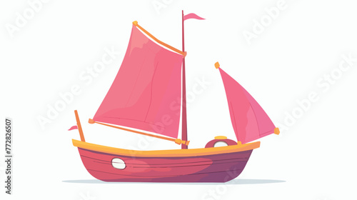 Childish pink boat with sails and flag. Vector flat