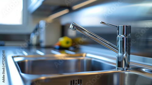 Close-up of stainless steel kitchen sink with modern fauce photo