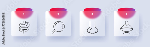 Organs icon set. Intestines, gastric tract, lips, nose, silhouette, eyeball, pupil, nose, flat design, anatomical structures. Medical research concept. Glassmorphism style.