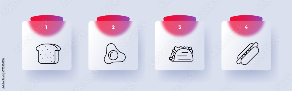 Food set icon. Egg, omelet, fried eggs, d?ner, pita bread, bread, cut, hot dog, fast food, junk food, numbering, yolk, white, delicacies, unusual food. Glassmorphism style. Food set icon. Egg, omelet, fried eggs, d?ner, pita bread, bread, cut, hot dog, fast food, junk food, numbering, yolk, white, delicacies, unusual food. Glassmorphism style.