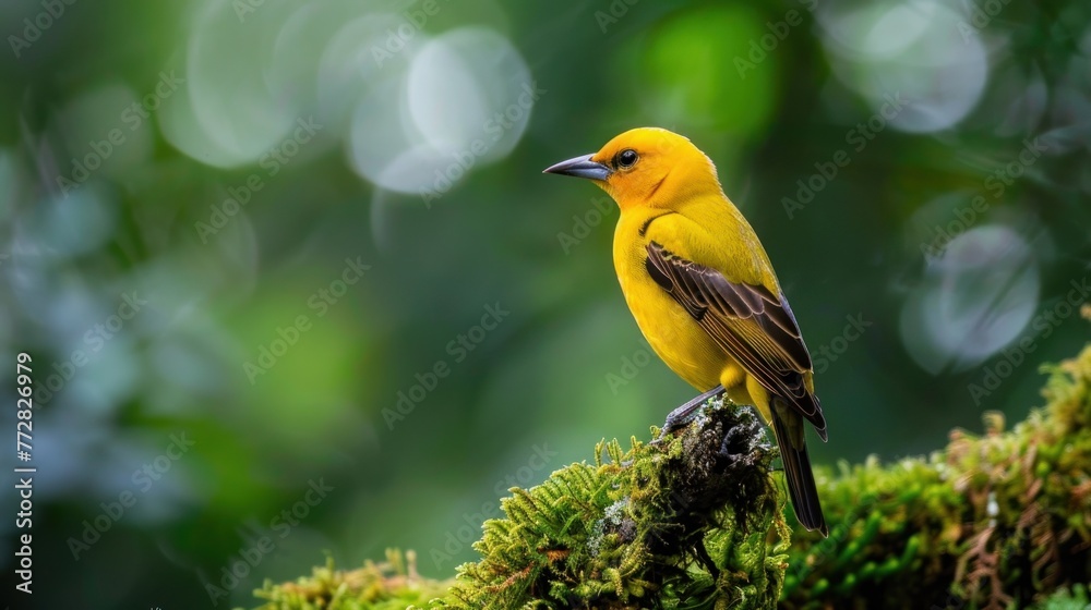 Naklejka premium Vivid Yellow Golden Oriole Adorning the Mossy Forest Generative AI