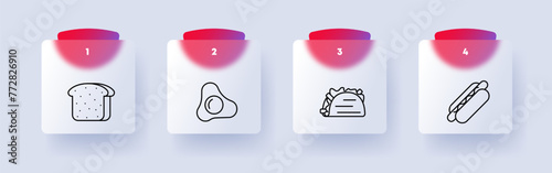Food set icon. Egg, omelet, fried eggs, d?ner, pita bread, bread, cut, hot dog, fast food, junk food, numbering, yolk, white, delicacies, unusual food. Glassmorphism style.