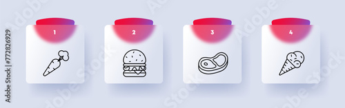 Food set icon. Carrots, natural product, burger, fast food, healthy junk and fatty food, steak, medium rare, ice cream, cone, numbering, yolk, white, delicacies, unusual food. Glassmorphism style.