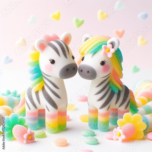 a cute couple Zebra with flowers made of pastel color rainbow gummy candy on a white background © JetHuynh