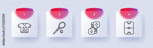 Useful hobby set icon. T shirt, number 10, tennis racket and ball, boxing gloves, air hockey, health care, outdoor activities, sports, numbering. Healthy lifestyle concept. Glassmorphism style.