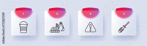 Construction set icon. Repair supplies, equipment, numbering, bucket, heavy equipment, tracks, crane, danger sign, exclamation mark, screwdriver. Construction equipment concept. Glassmorphism style.