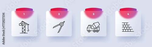 Construction set icon. Repair supplies, equipment, numbering, concrete mixer, heavy equipment, crane, hoist, tracks, compass, wall. Construction equipment concept. Glassmorphism style.