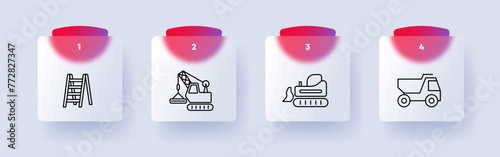 Construction set icon. Repair supplies, equipment, numbering, ladder, heavy equipment, crane, hoist, Kamaz, transport vehicle, tracks. Construction equipment concept. Glassmorphism style.
