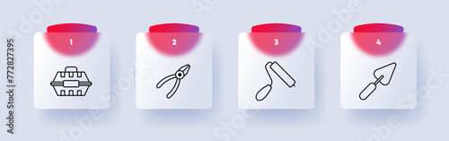 Construction set icon. Repair supplies, equipment, numbering, box, roller, spatula, forceps, pliers. Construction equipment concept. Glassmorphism style.