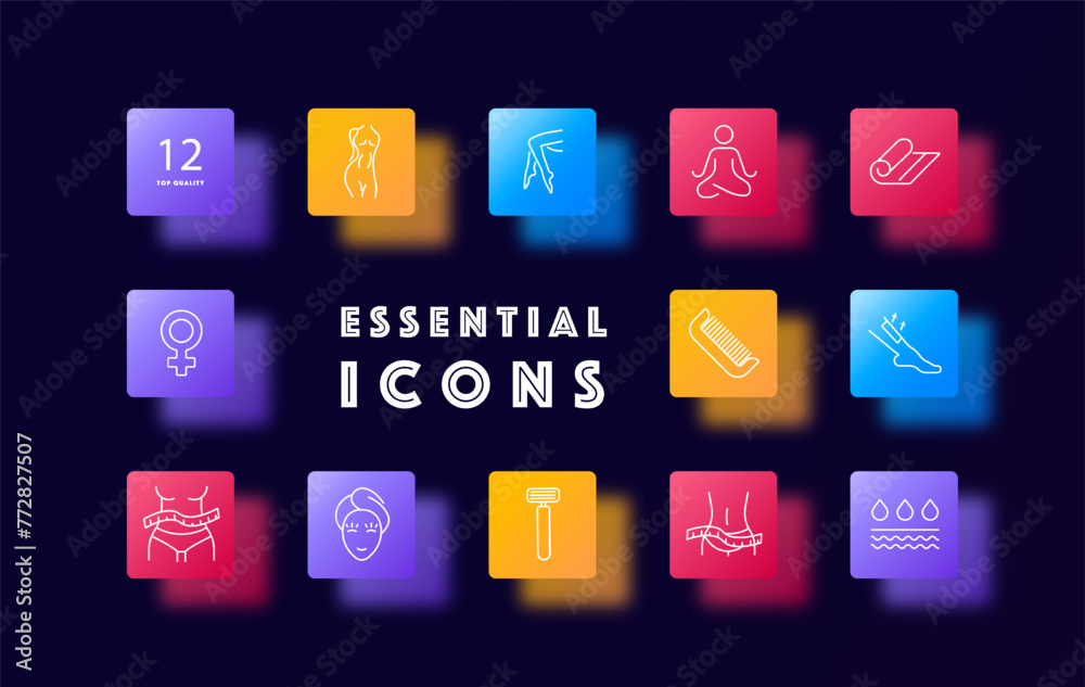 Female beauty set icon. Female legs and figure, silhouette, meditation, liquid, skin, razor, ruler, comb, towel, hair removal, beauty, gradient. Self care concept. Glassmorphism style.