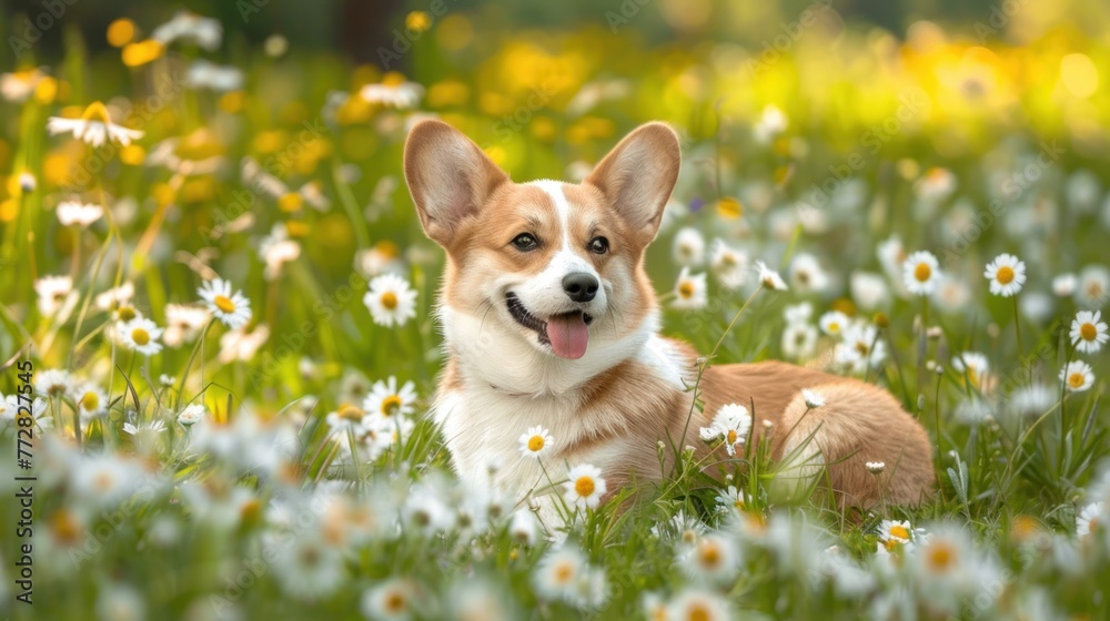 Sun-Kissed Corgi Pup Amidst Daisy Delights, Embracing Spring's Charm - Generative AI
