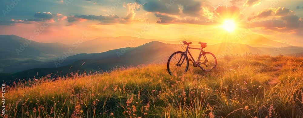 Obraz premium Solitary Cycle Through Golden Meadows at Sunset - An Escape Into Serenity - Generative AI