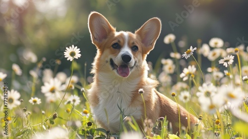 Sun-Kissed Corgi Pup Amidst Daisy Delights  Embracing Spring s Charm - Generative AI