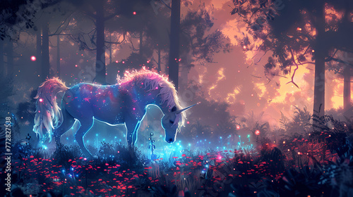 Abstract drawing of a mythical unicorn in a glowing fairy forest, generative Ai © Zoya