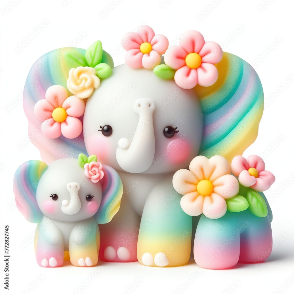 a cute elephant mother and kid with flowers made of pastel color rainbow gummy candy on a white background a cute elephant mother and kid with flowers made of pastel color rainbow gummy candy on a white background