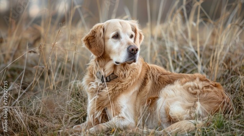 Thoughtful Golden Retriever Enjoys Spring Serenity in a Field - Generative AI