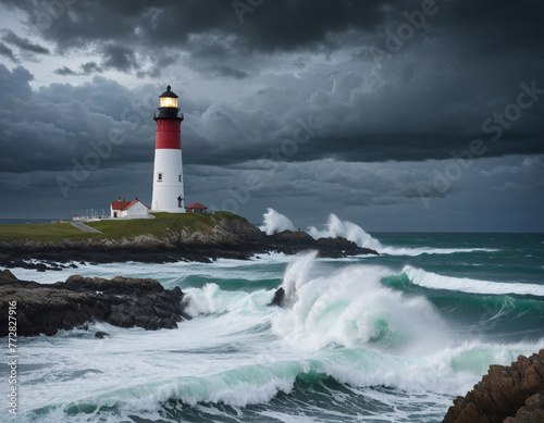 Lighthouse on stormy sea background colorful background