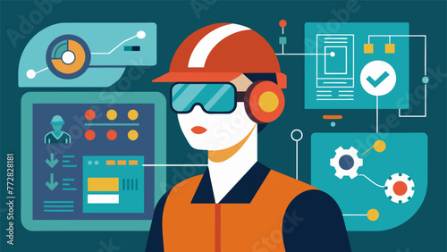 A closeup of an AR headset being worn by a technician displaying stepbystep instructions and diagrams for completing a maintenance task on a