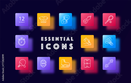 Sports set icon. Gloves, boxing, water, stopwatch, ping pong, pulse, barbell, tennis racket, sneakers, skates, air hockey, T shirt, shuttlecock. Healthy lifestyle concept. Glassmorphism style.
