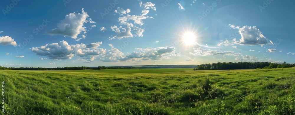 Whimsical Panoramic Meadow with Sunburst and Clouds - Digital Artwork - Generative AI Whimsical Panoramic Meadow with Sunburst and Clouds - Digital Artwork - Generative AI