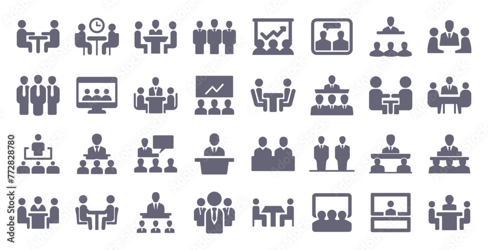 Business meeting glyph flat icons. Vector solid pictogram set included icon as team conference, seminar presentation, hr interview, group conversation silhouette illustration for infographic.
