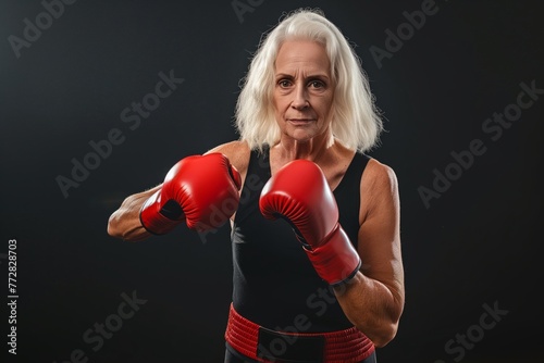 senior woman in boxing stance with gloves ready
