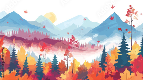Colorful autumn landscape. Autumn season with red maj