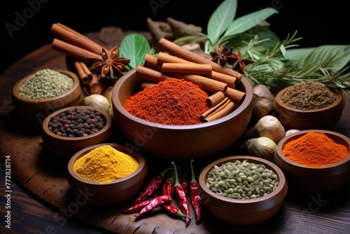 Spices and herbs in wooden bowls Food and cuisine ingredients Aromatic herbs and spices background Seasoning as ingredients for delicious food coocking  Ai generated
