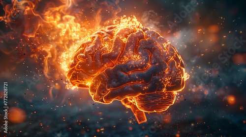 Conceptual image illustrating exploding brain on fire, representing neurological disorders such as Parkinson's, Alzheimer's, Dementia, or MS photo
