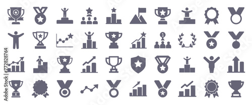 Winner award silhouette flat icons. Vector glyph pictogram set included icon as trophy cup, award medal, first place prize, team leader success, top product illustration for infographic.