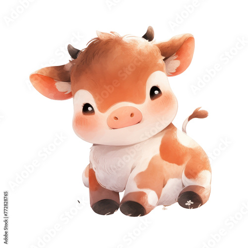 A cute little cow with horns and a big smile. It s sitting on a white background. The cow is small and adorable  and it looks like it s enjoying its time