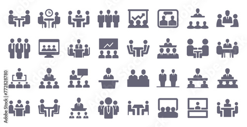 Business meeting glyph flat icons. Vector solid pictogram set included icon as team conference, seminar presentation, hr interview, group conversation silhouette illustration for infographic.