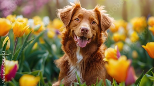 Charming Red-Haired Dog Among Vivid Spring Tulips - Generative AI