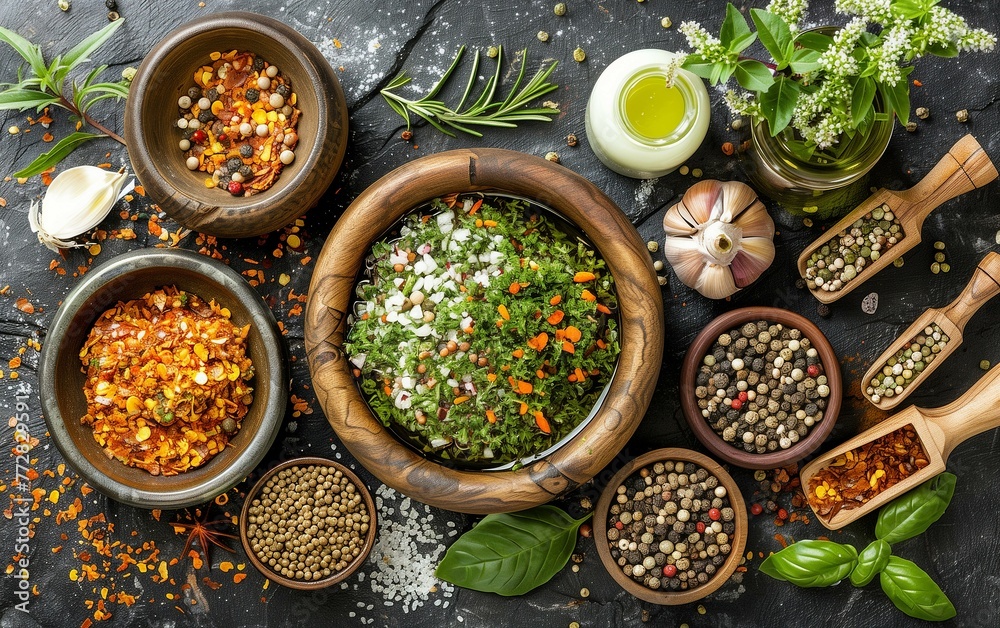 Top view of various spices and herbs in wooden bowls on dark background,World Health Day concept. Top view of various spices and herbs in wooden bowls on dark background,World Health Day concept.