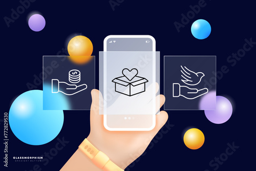 Charity icon set. Box, hands, offer, money, coins, bird, freedom, mutual assistance, charity, heart, phone, glass, silhouette. Giving your money for benefit of others concept. Glassmorphism style.