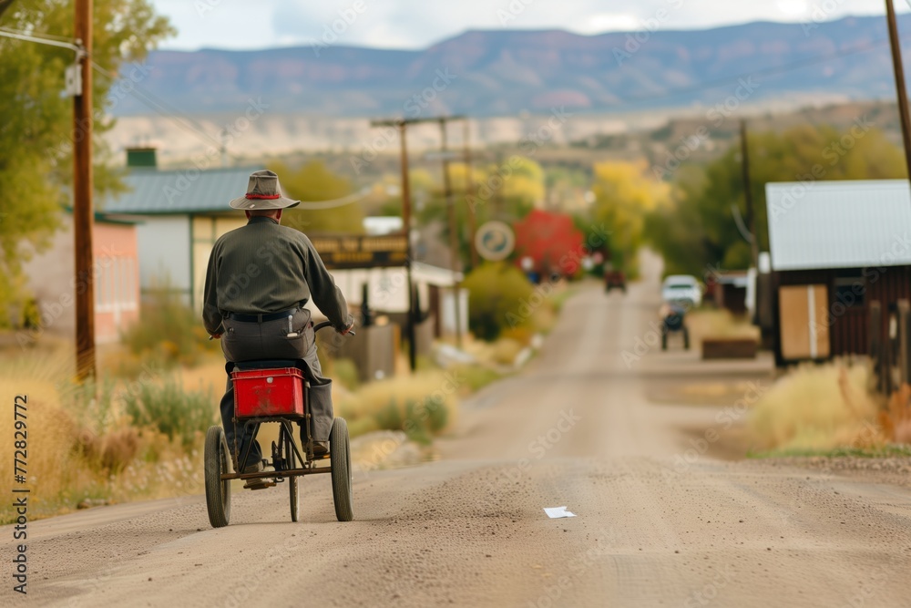 Obraz premium mail carrier using a tricycle to deliver mail in a small town