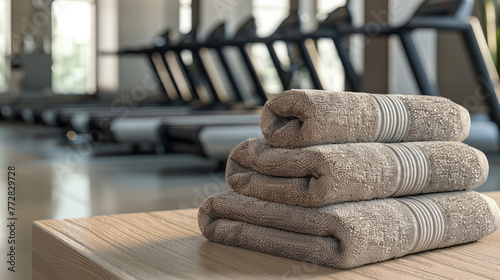 A set of beige towels neatly piled on top of each other, with gym equipment in clear focus in the background photo